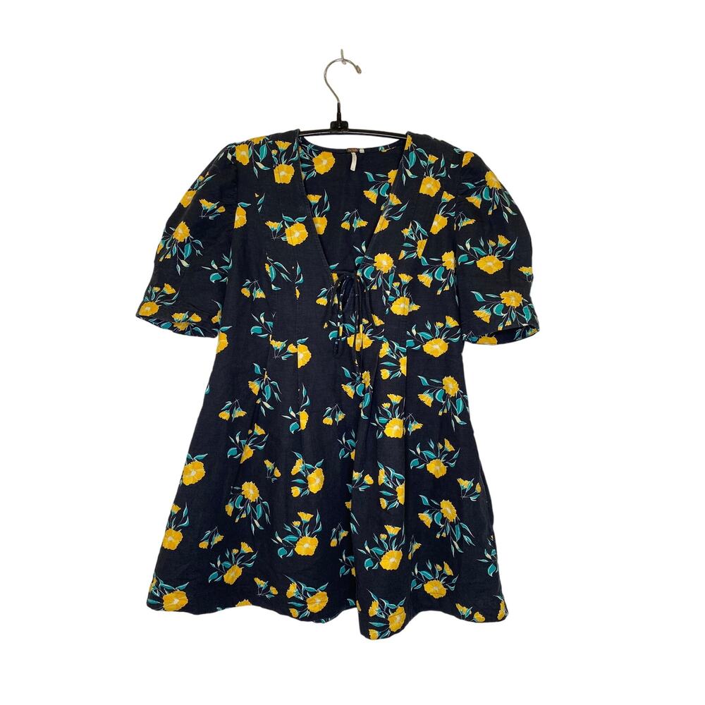 Free People Adele Printed Tunic Mini Dress Floral EUC Sz Sm Cotton Black Yellow
